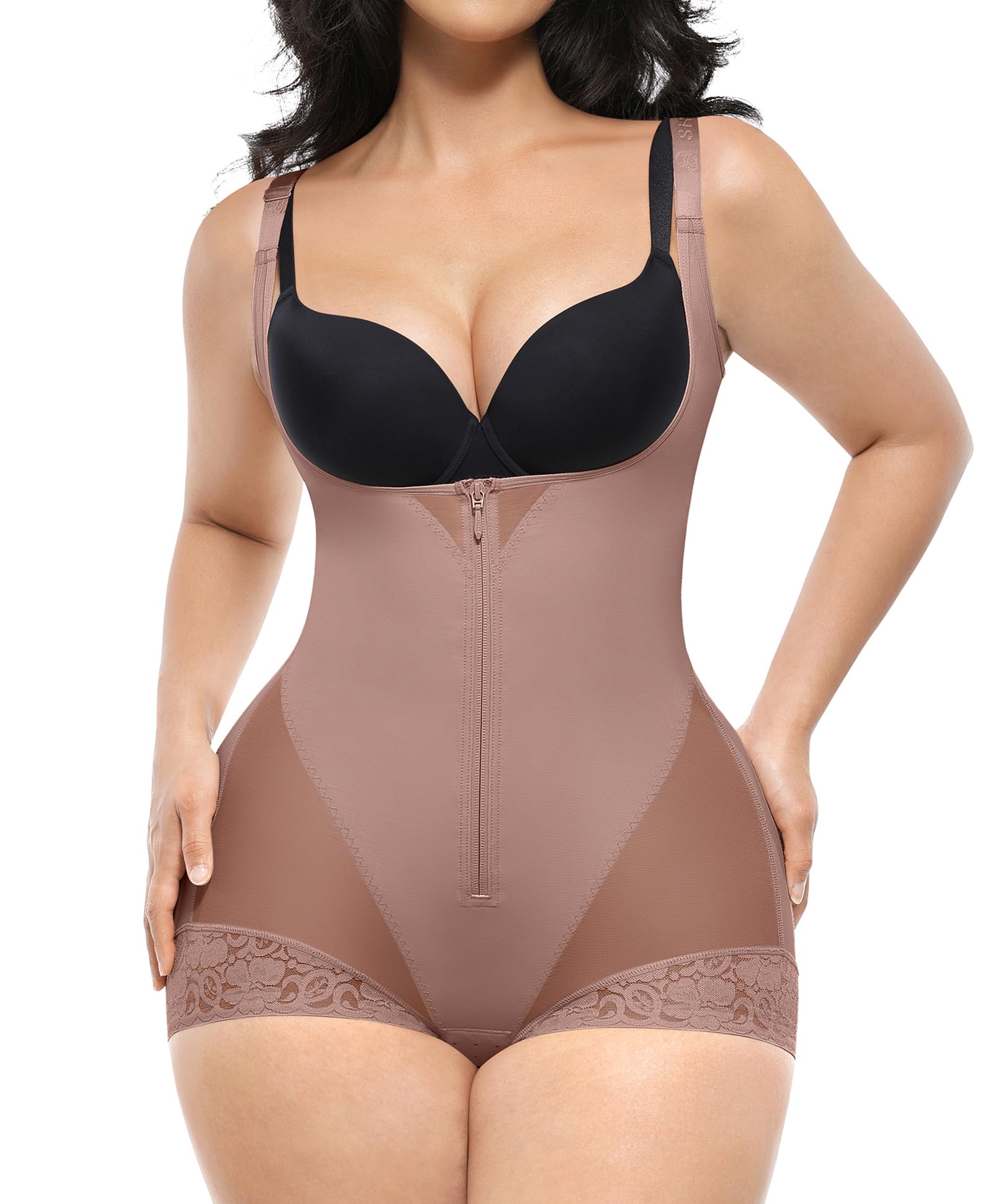 Photo 1 of SHAPELLX Women's Shapewear Bodysuit Tummy Control Body Shaper Open Bust Fajas Colombianas (Light Brown Large)