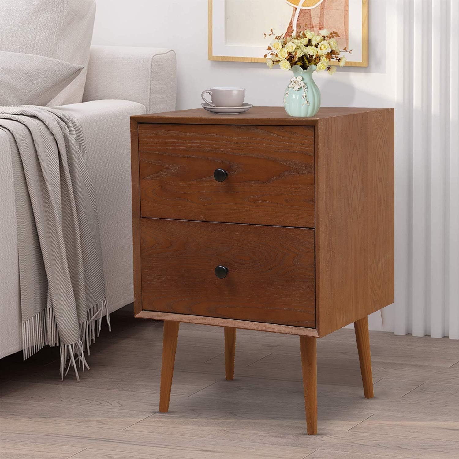 MOOSENG Modern Nightstand Wood Cabinet Bedside Table with 2 Drawers Night Stand End Desk Dresser for Bedroom, Living Room, Study, Brown: Furniture & Decor