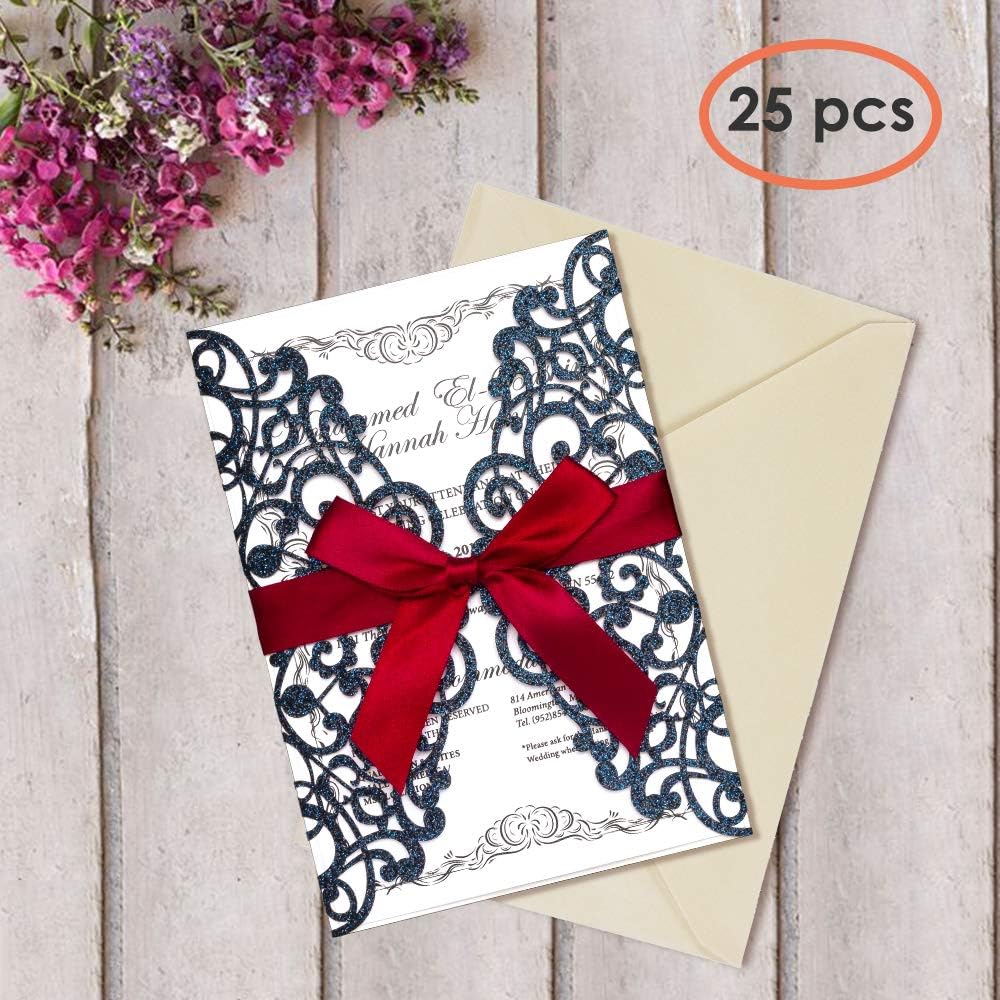 YoTelim 25PCS Wedding Invitations Glitter Hollow Cards with Inner Cards and Ribbon for Engagement Wedding Bachelorette Party Invitations Dinner Invites(Royal Blue,Pack of 25)