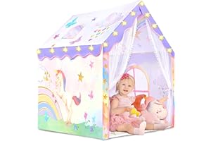 SULIFEEL Unicorn Kids Tent with Mat & LED Star Lights, Girls Play Tent for Princess Indoor and Outdoor Games, Large Play House with Windows 47" x40" x 50"