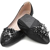 KUNWFNIX Women's Ballet Flats Foldable Classic Crown Rhinestone Slip On Flowers PU Leather Pointed Toe Comfort Flat Casual Dress Shoes