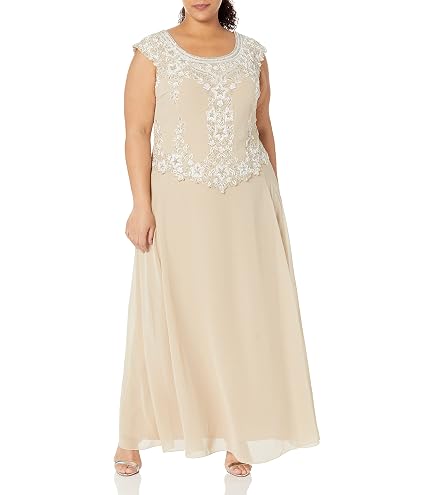 J Kara Women's Long Beaded V Trim Detail Dress with Scarf, Champagne Multi, 6P : Clothing, Shoes & Jewelry