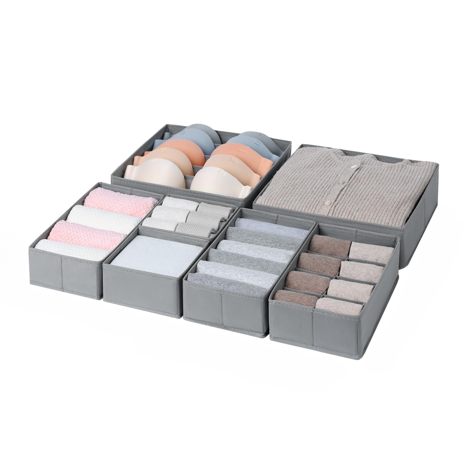 DIMJ 7 Pack Dresser Drawer Organisers Foldable Box Fabric Wardrobe Drawer Dividers Storage Cubes For Bras, Socks, Underwear, Ties, Scarves, Cosmetics (Grey)