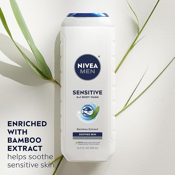 NIVEA MEN SENSITIVE BODY WASH WITH BAMBOO EXTRACT, MOISTURIZING BODY WASH FOR SENSITIVE SKIN, SOAP FREE SHOWER GEL FOR MEN WITH NO DRYING ALCOHOL, 16.9 FL OZ BOTTLE