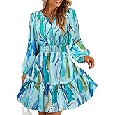 ZESICA Womens Spring Long Sleeve Floral Mini Dress 2026 Summer Boho V Neck A-Line Flowy Dresses Beach Vacation Clothes