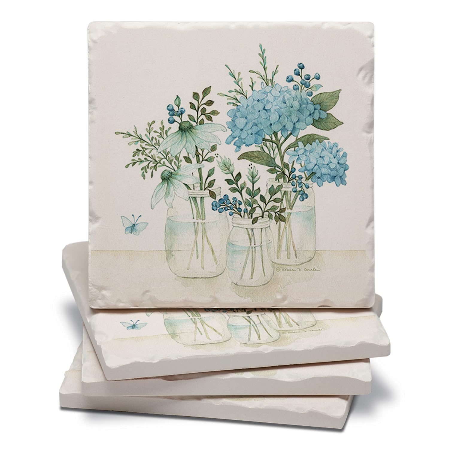 Photo 1 of *Cracked* Thirstystone Mason Jar Florals 4 Pack Assorted Tumbled Tile Stone Coasters with Protective Cork Backing 4" Square Manufactured in The USA