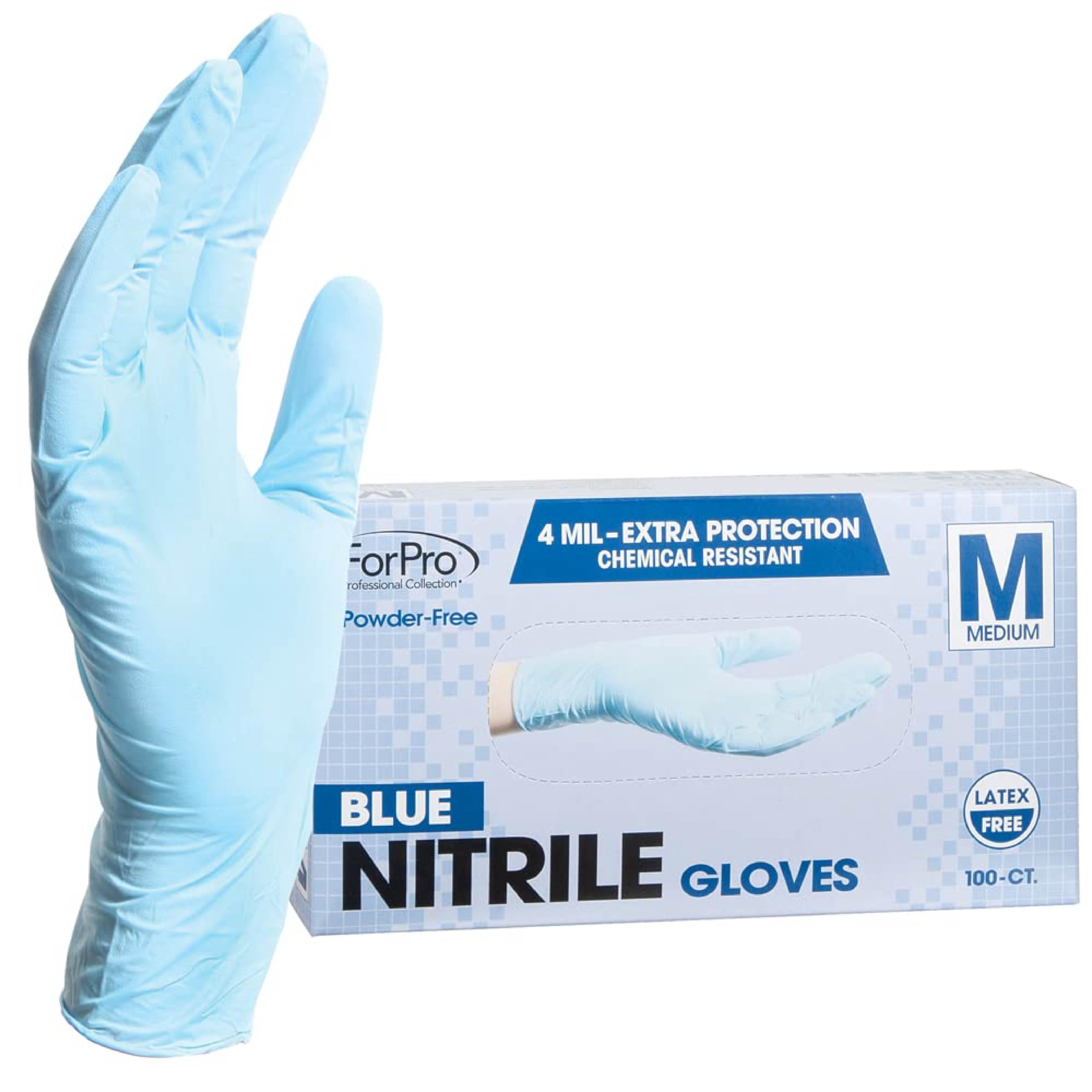 ForPro Professional Collection Disposable Nitrile Gloves, Chemical Resistant, Powder-Free, Latex-Free, Non-Sterile, Food Safe, 4 Mil, Blue, Medium, 100-Count
