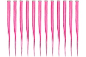 SWACC 12 Pcs Straight One Color Party Highlights Clip on in Hair Extensions Colored Hair Streak Synthetic Hairpieces (Neon Pink)