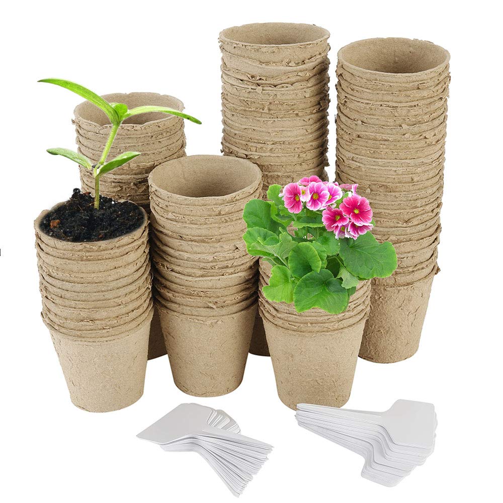 100PCS Biodegradable Fibre Pot Round 6CM Seed Seedling Pot with 100PCS Plastic Plant Lables for Planting Plants, Fruits and Vegetables in the Home Garden (6CM)