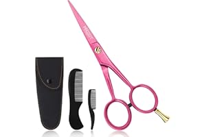 HB DOT - Professional Mustache Scissors, 5 Inches Black Mustache Beard Scissors, German Stainless Steel Beard Scissors for Men with Case, 2 Combs (Special Pink)