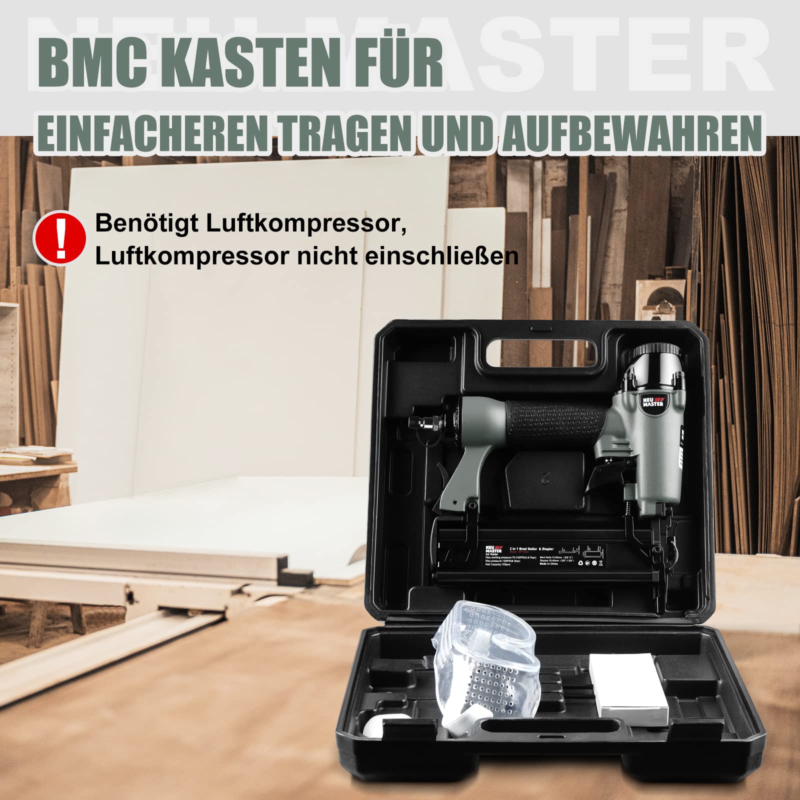 NEU MASTER Druckluftnagler, 2 in1 Drucklufttacker mit Transportkoffer inkl. 800 Nägel und 200 Klammern für Werkstatt und Haus 7