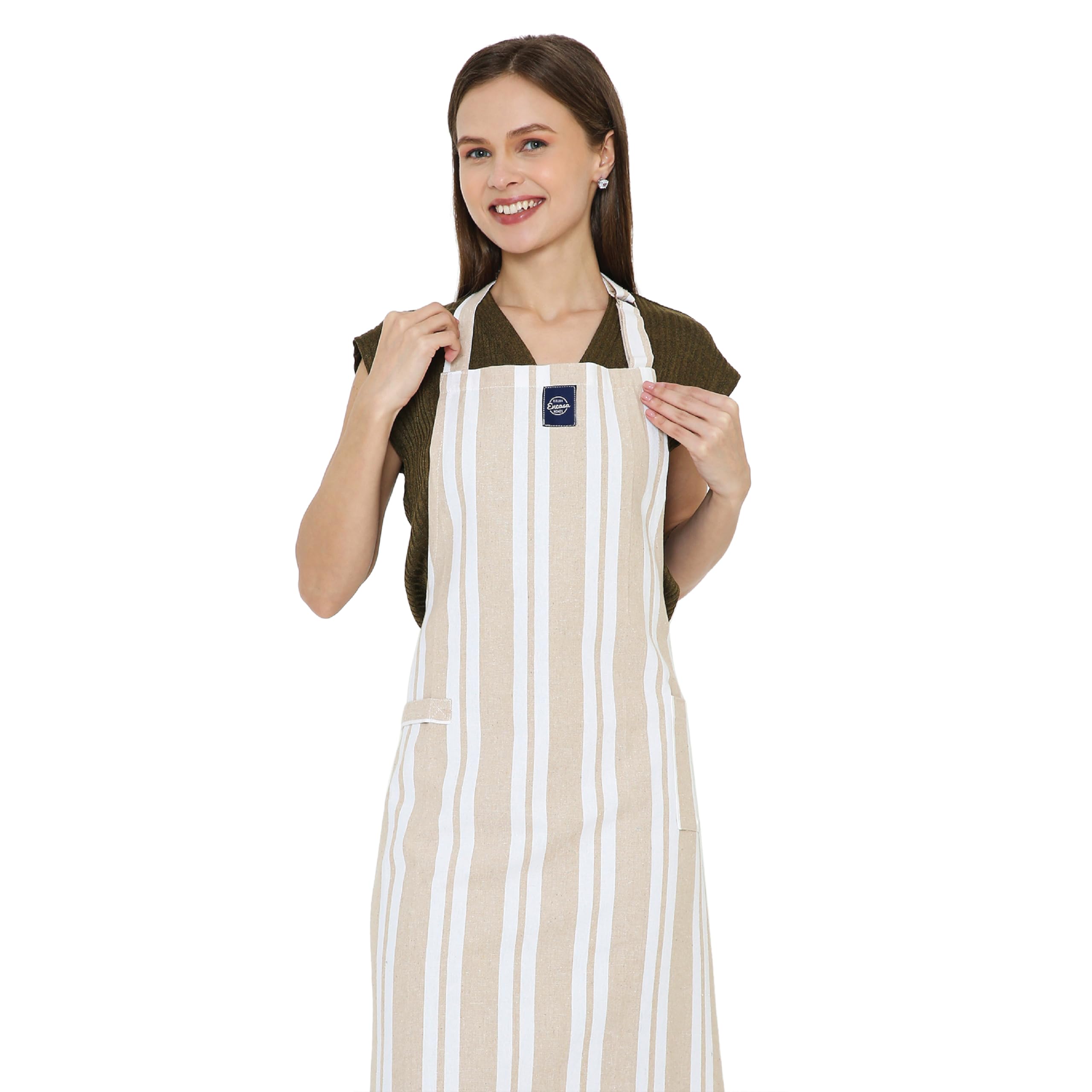 Encasa XO Adjustable Kitchen Cotton Apron With Pockets & Towel Holder Of Size 68x85 cm (Franca Beige Stripes) for Men & Women Chefs For Cooking & Baking in Home, Restaurants & Barbeque
