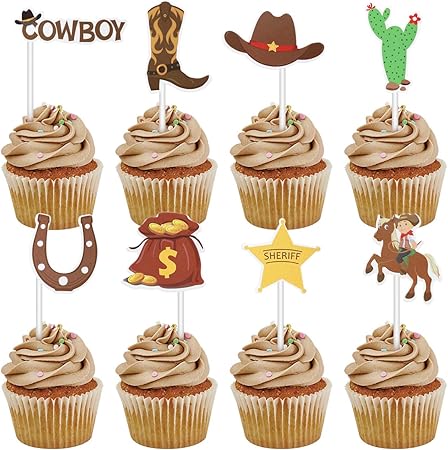 Amazon De Amosfun 72 Stuck Geburtstagstortenaufsatz Western Style Cowboy Thema Kuchendekoration Kreative Papieraufsatze Fur Obst Eis Cupcakes Desserts