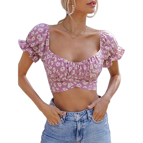 LYANER Women's Ruffle Short Sleeve Tie Up Back Crop Top Off Shoulder Bardot Blouse