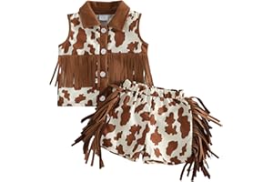 Toddler Girl Denim Western Outfit Baby Cowgirl Clothes Cow Print Ruffle Shirt Button Down Tops Belted Jeans Shorts