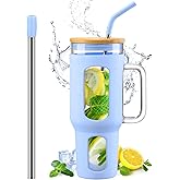 WINSA Glass Tumbler with Lid and Straw, 46 oz Iced Coffee Cup with Handle, Large Water Bottles with Silicone Sleeve, Glass Cup with Straws - Pearl Straw & Drinking Straw BPA Free-Glacier