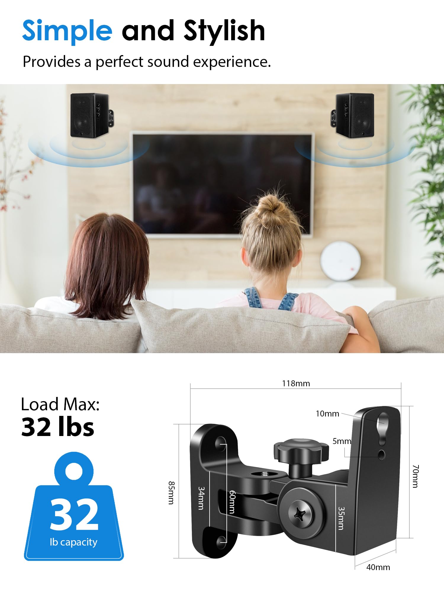 Speaker Wall Mounts, 2 Packs Universal Mounting Bracket for Small Bookshelf Speakers, Vertical 120°, Horizontal 180°Adjustment, Compatible with Bose, JBL, KEF,Sony & Others, Hold up to 32 lbs