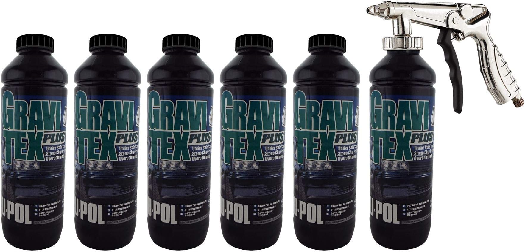 Gravitex U-Pol Black Professional Stone Chip Protector 6 x 1 Litre + Air Fed Application Gun Underbody, Vehicle Stone…