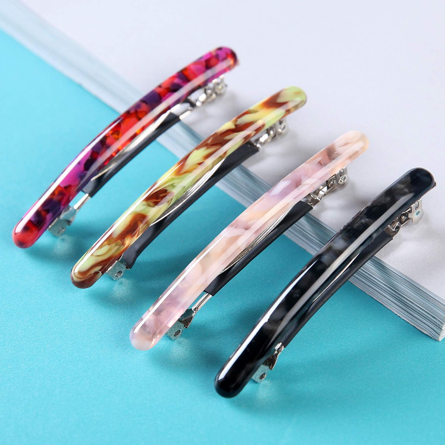 4 Pcs Skinny Hair Barrettes for Women, Colorful Small Barrette Clips for Thin Fine Hair, Celluloid Automatic French Hair Clips for Women Ladies : Beauty