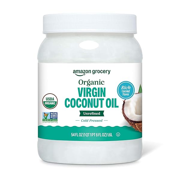 AMAZON GROCERY, ORGANIC VIRGIN COCONUT OIL, 54 FL OZ (PREVIOUSLY HAPPY BELLY, PACKAGING MAY VARY)