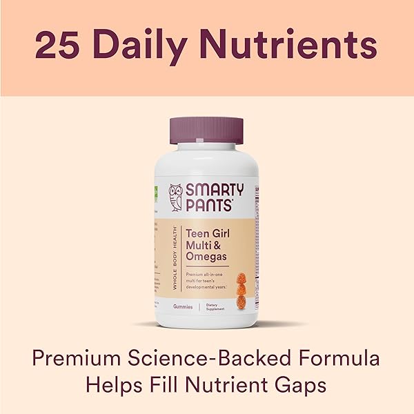 SMARTYPANTS TEEN GIRL MULTIVITAMIN GUMMIES: OMEGA 3 FISH OIL (EPA/DHA), VITAMIN C, D3, B12, VITAMIN A, K & ZINC, GLUTEN FREE, INCLUDES BIOTIN TO SUPPORT HAIR, SKIN & NAILS, 120 COUNT (30 DAY SUPPLY)