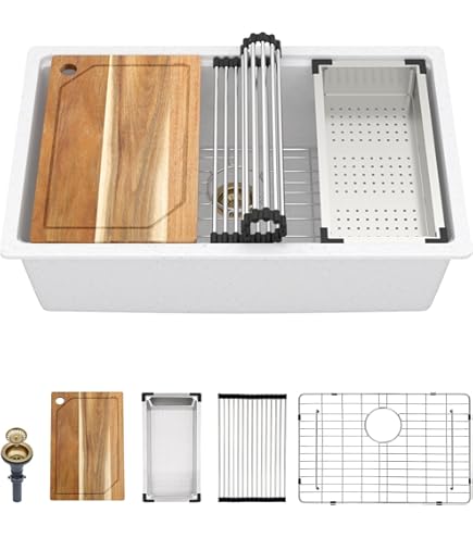 Beslend 33x22 Inch White Composite Drop In Kitchen Sink Granite Composite Kitchen Sink Workstation Topmount Luxury Above Counter Single Bowl Sink Basin - View #9