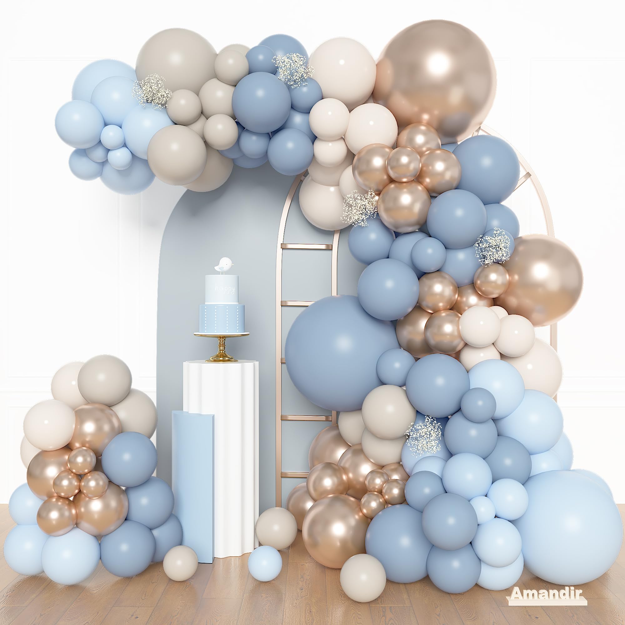 Photo 1 of Amandir 153pcs Dusty Blue Balloon Arch Garland Kit, Different Sizes 18 12 10 5 inch White Sand Beige Cream Champagne Fog Baby Blue Balloons for Boy Baby Shower Birthday Bridal Wedding Party Decoration