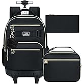 HPJGD 3PCS Rolling Backpack for Girls and Boys, Black School Backpacks with Wheels, Water Resistant Roller Wheeled Bookbag Set for Women Men