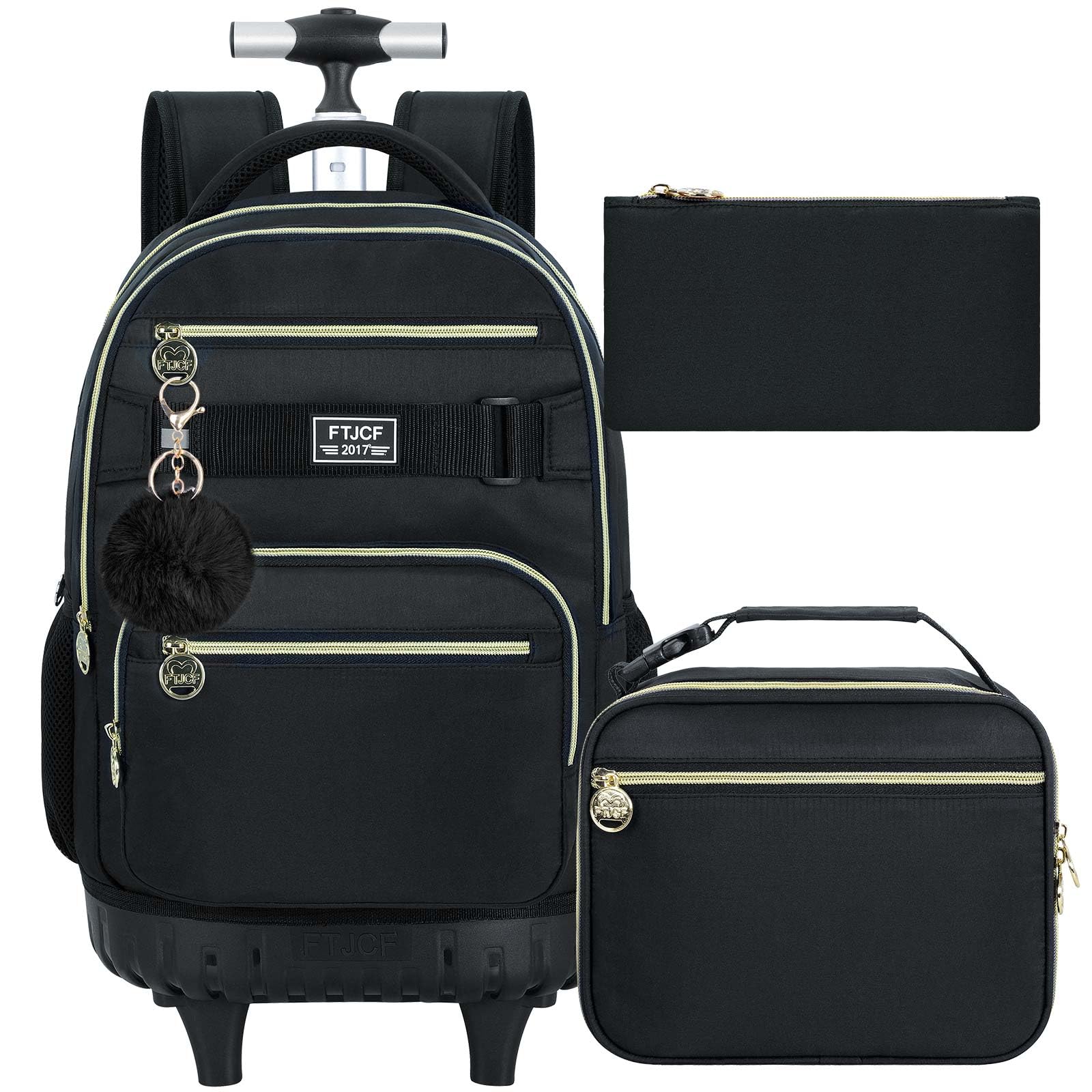 Photo 1 of HPJGD 3PCS Rolling Backpack for Girls and Boys, Black School Backpacks with Wheels, Water Resistant Roller Wheeled Bookbag Set for Women Men