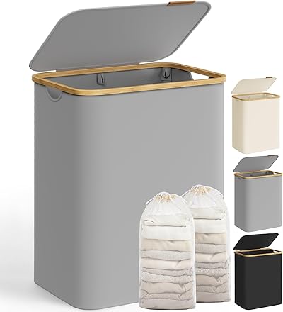 SONGMICS Wäschekorb mit Deckel, Wäschesammler mit 2 Fächern, 130 L, herausnehmbarer Wäschesack, Oxford-Gewebe, Griffe aus Bambus, zusammenklappbar, 52 x 38,5 x 70,5 cm, taubengrau LCB513G01