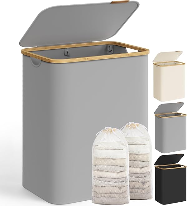 SONGMICS Wäschekorb mit Deckel, Wäschesammler mit 2 Fächern, 130 L, herausnehmbarer Wäschesack, Oxford-Gewebe, Griffe aus Bambus, zusammenklappbar, 52 x 38,5 x 70,5 cm, taubengrau LCB513G01