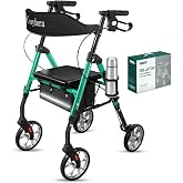 Cosydora Rollator Walkers for Seniors with Seat, 15 Lbs Ultra Lightweight | Aluminum Foldable Rolling Walker, 350Lbs Heavy Duty, 8" All Terrain Wheels, Dual Adjustable Height, Shimmer Green