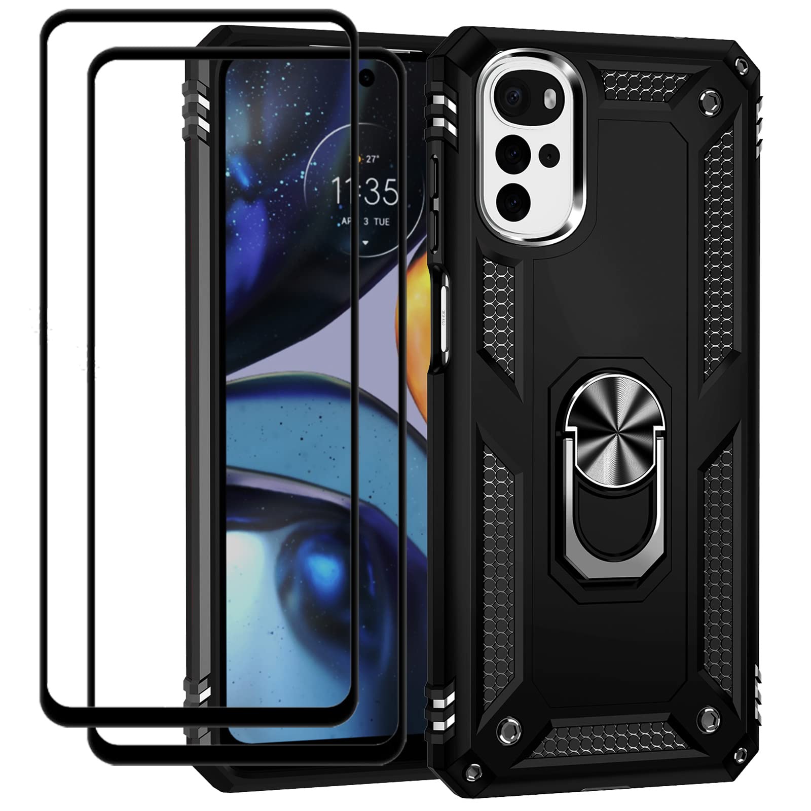 MMlife EasyLifeGo for Motorola Moto G22 Kickstand Case with Screen Protector Tempered Glass [2 pieces], Hybrid Heavy Duty Armor Dual Layer Anti-Scratch Case Cover, Black