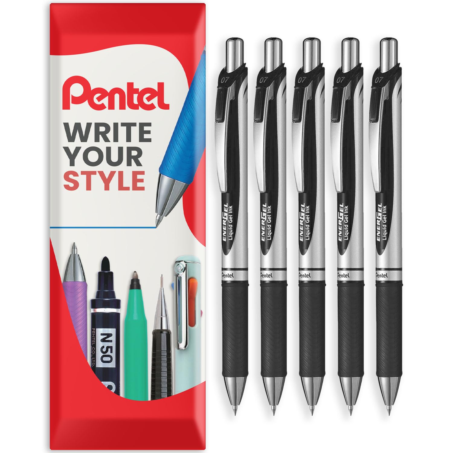 Pentel EnerGel XM BL77 - Retractable Liquid Gel Ink Pen - 0.7mm - 54% Recycled - In Envelope Gift Packaging (Black Pack of 5)