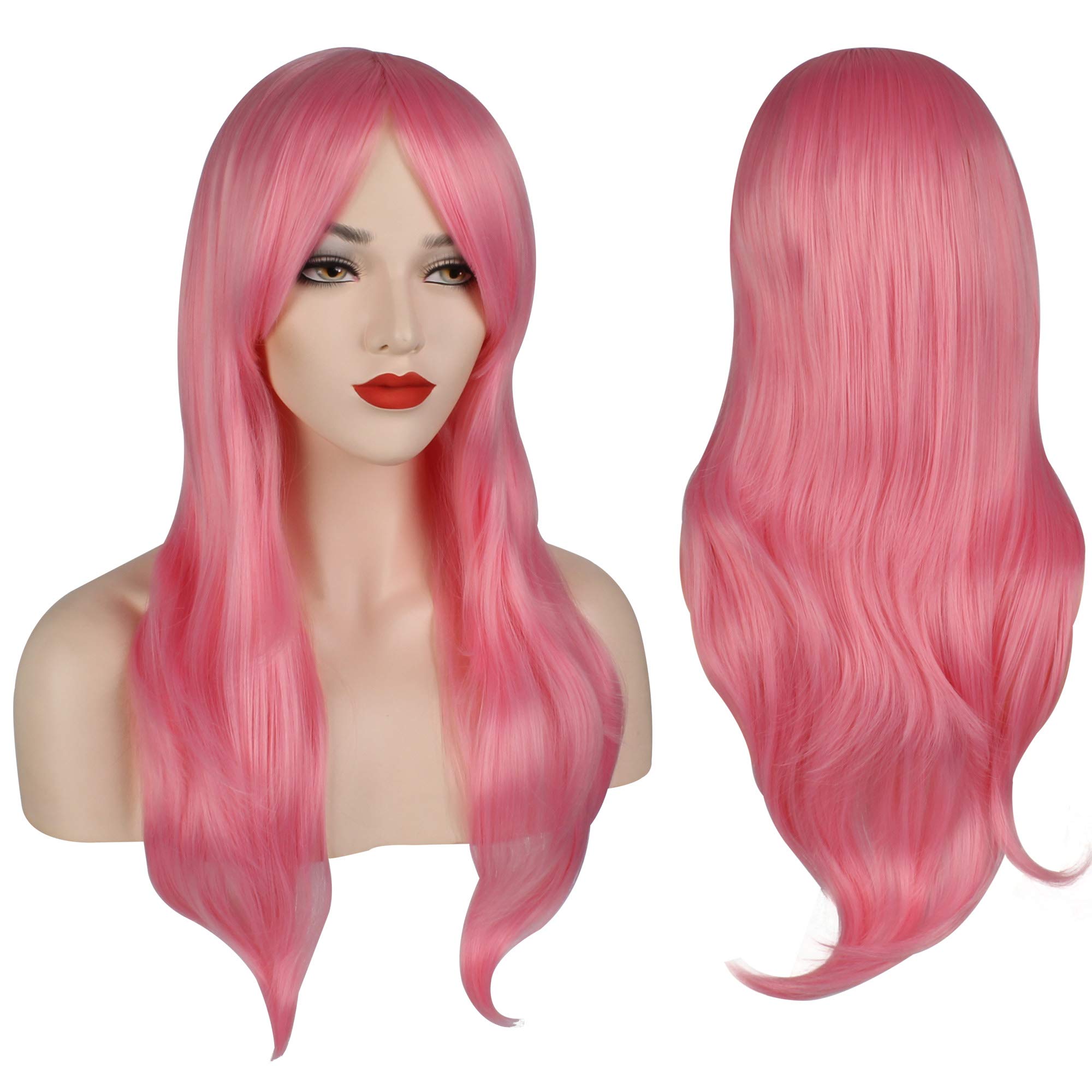 OKVGO 70cm 27inches Women's Wig Fashion Natural Wavy Full Long Curl Wig for Cosplay Party and Halloween Costume Pink