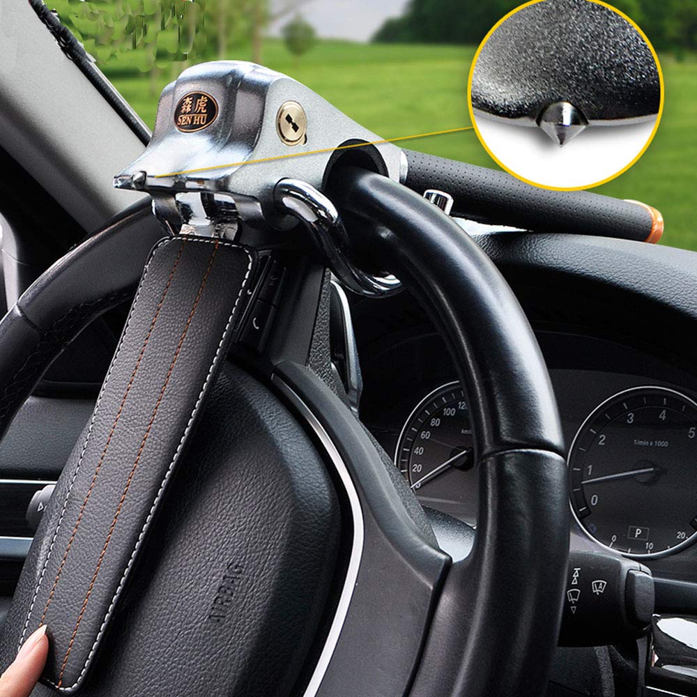 Collapsible Steering Wheel Lock and Anti-Theft Device With Heavy Duty Safety Hammer - Car Security Protection for Airbag