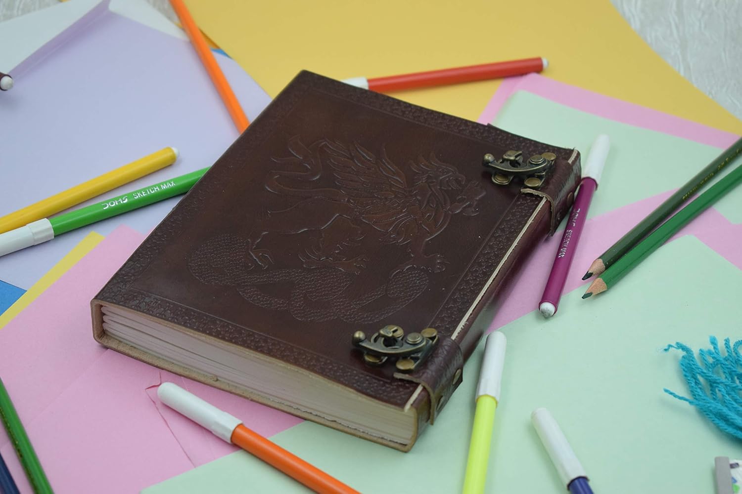 OVERDOSE Vintage Celtic Griffin Journal Dragon Diary with Dual C-Lock - Handmade Antique Journal, Brown, A5 - Image 5