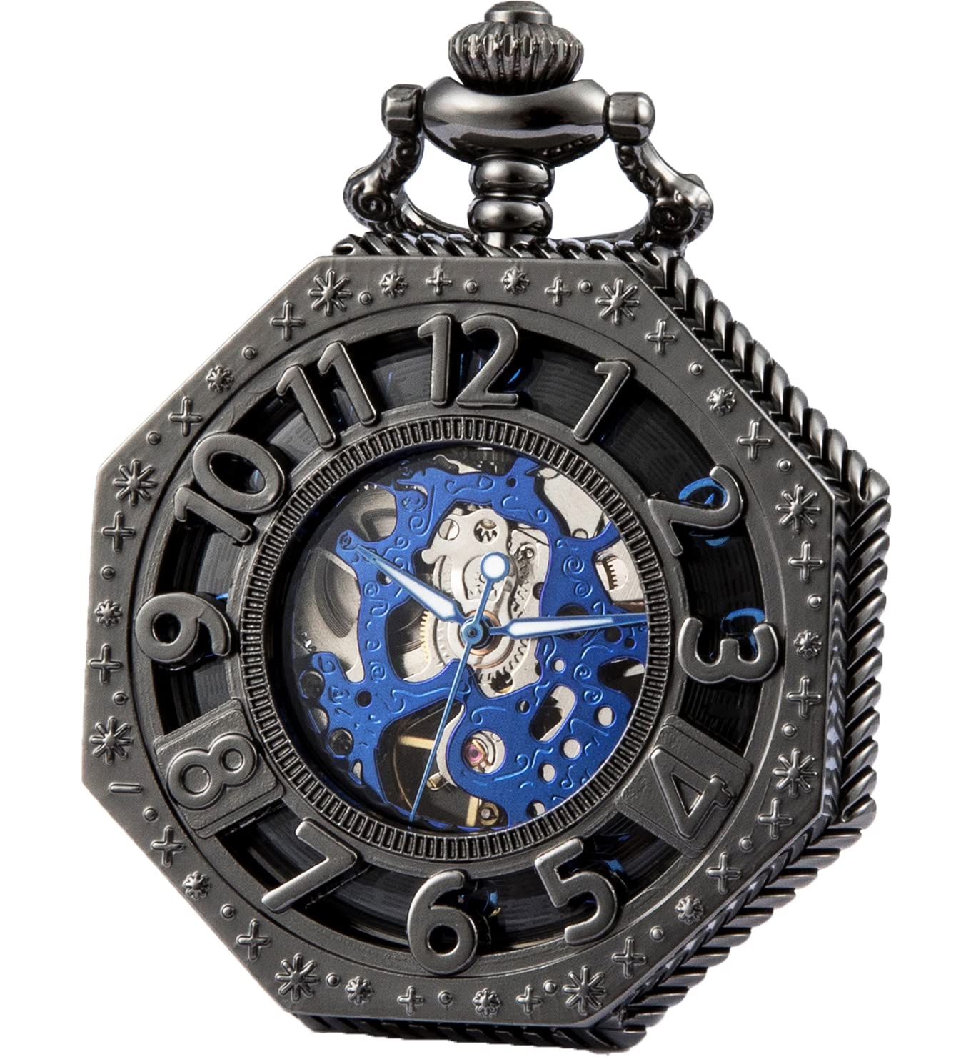 SEWOR Octagon Old School Style Hollow Arabic Numerals Mechanical Hand Wind Pocket Watch (Black)