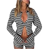 SOLY HUX Women's 2 Piece Outfits Striped Long Sleeve Cardigan Tops and Mini Shorts Matching Set