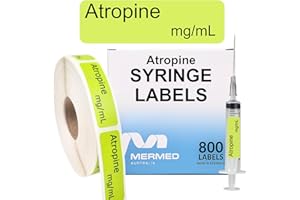 MERMED Atropine mg/mL Syringe Labels - Box of 800 Labels on Roll (1" core). 12mm x 40mm (Approx 0.5" x 1.5"). Write On Dose. Latex-Free Permanent Adhesive. Printed by Specialist Medical Printer.