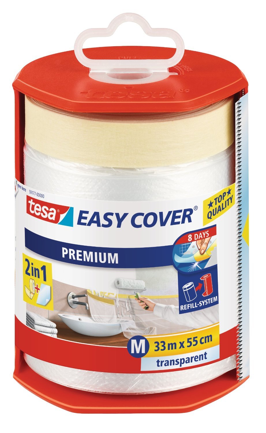 tesa Easy Cover Premium Masking Film for Painting Work - 2 in 1 Masking Film for Masking and Masking Tape for Masking - Refillable, with Dispenser - 33 m x 55 cm