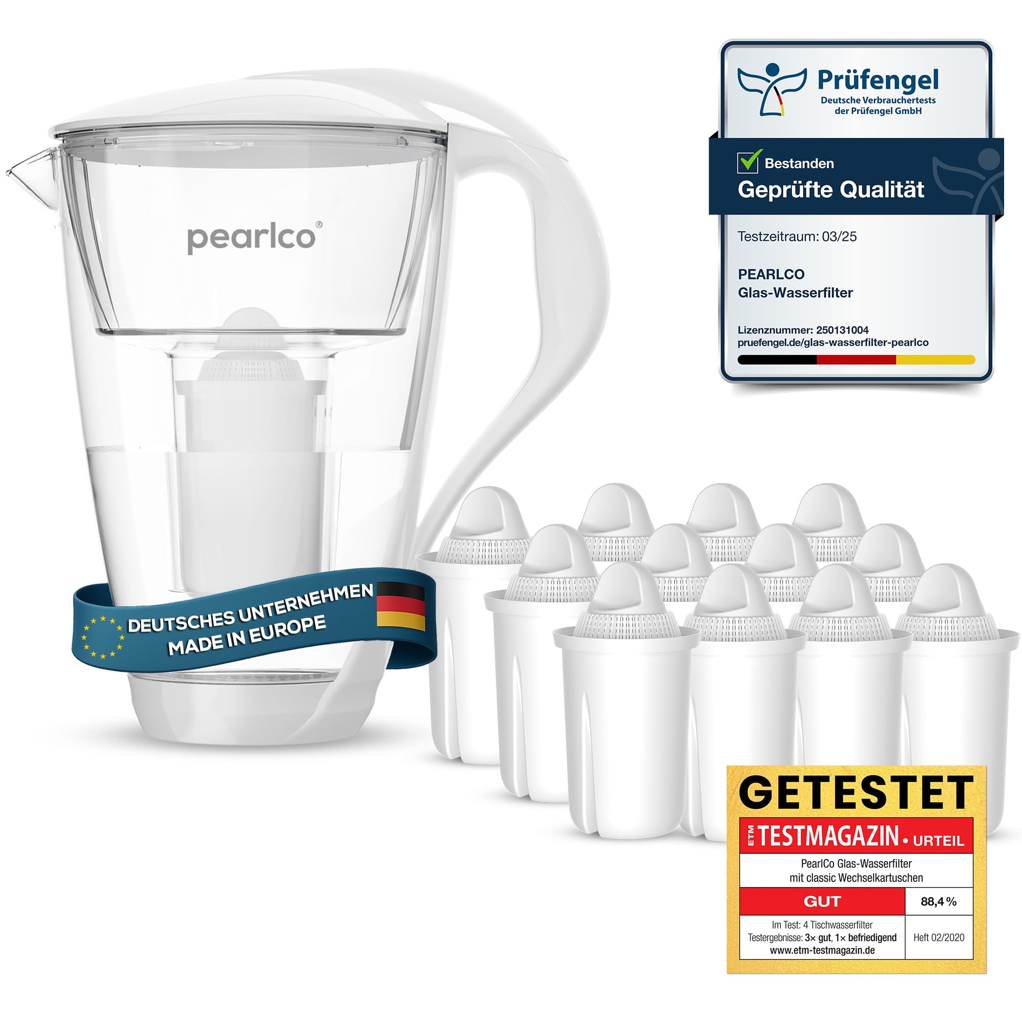 PearlCo Glass Water Universal classic Filter (white) incl. 12 Universal classic Filter Cartridges (compatible with Brita® Classic)
