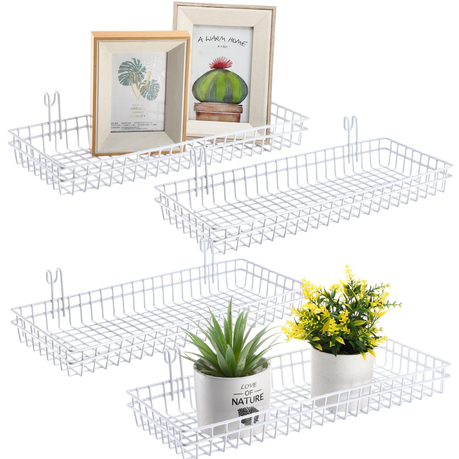 Photo 1 of Blulu 4 Pcs 15.75 x 5.91 x 1.97 Inch Metal Grid Wall Baskets with Hooks Grid Wall Shelves Hanging Wire Basket Multi Function Storage Organizer for Kitchen Organizing Display (White)
