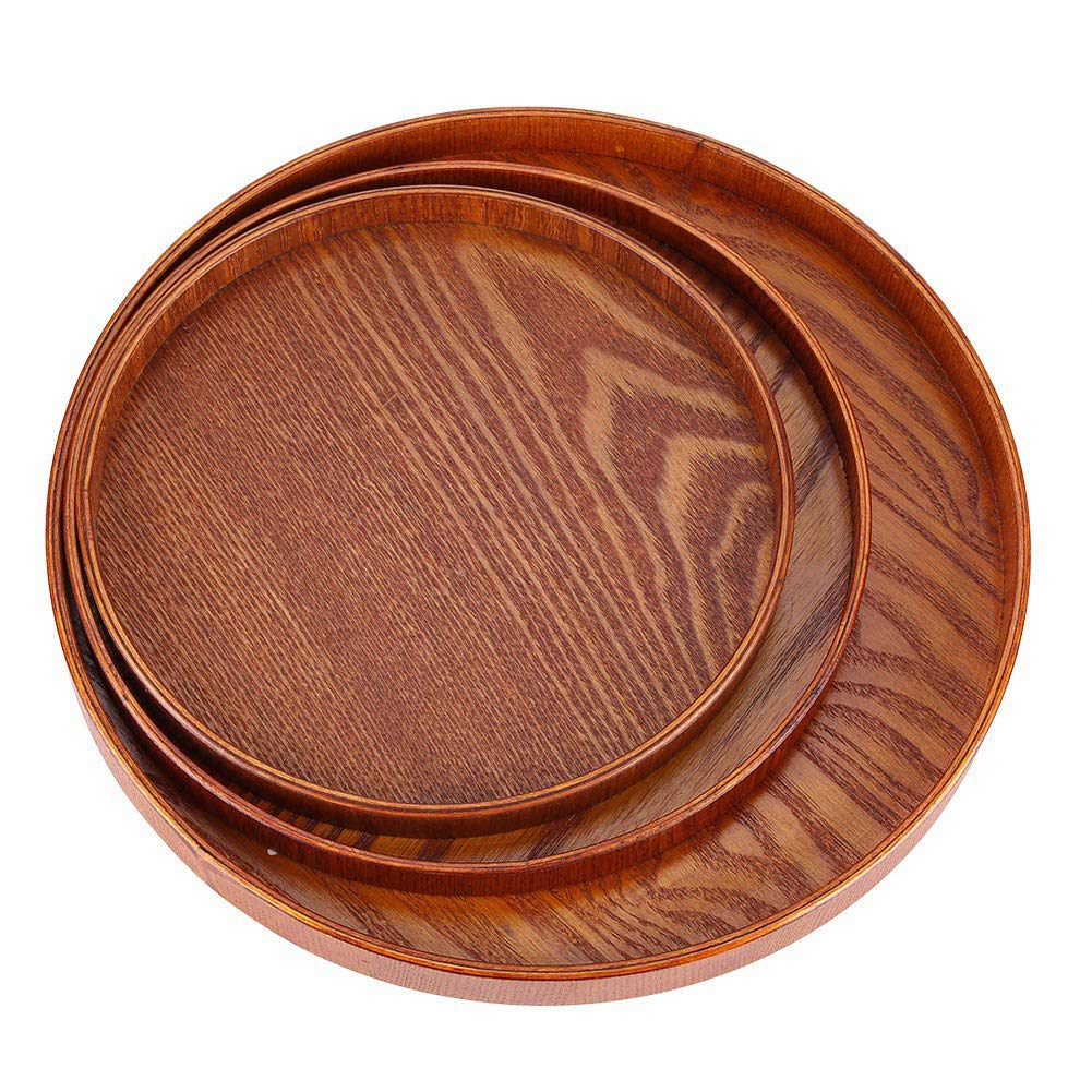 Round Natural Wooden Tray Brown Coffee Snack Food Meals Transfer Tray Multipurpose Serving Tray for Cafe Restaurant Hotel Home Shop (24CM)