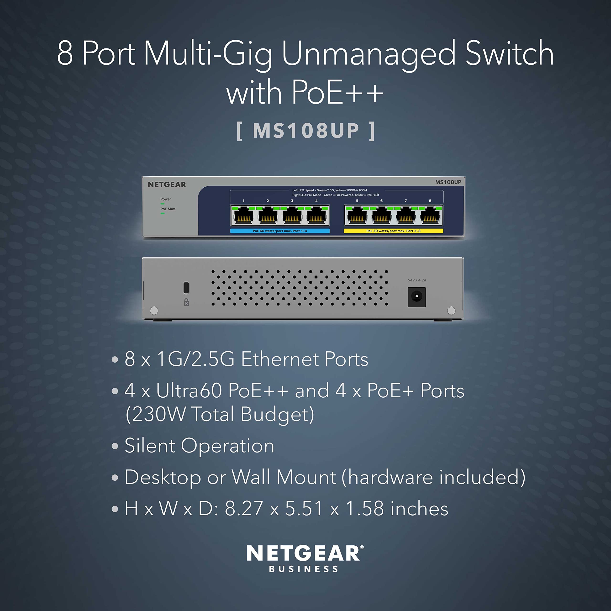 NETGEAR 8-Port Ultra60 PoE Multi-Gigabit Ethernet Unmanaged Network Switch (MS108UP) - with 4 x PoE++ and 4 x PoE+ @ 230W, Desktop or Wall Mount, and Limited Lifetime Protection