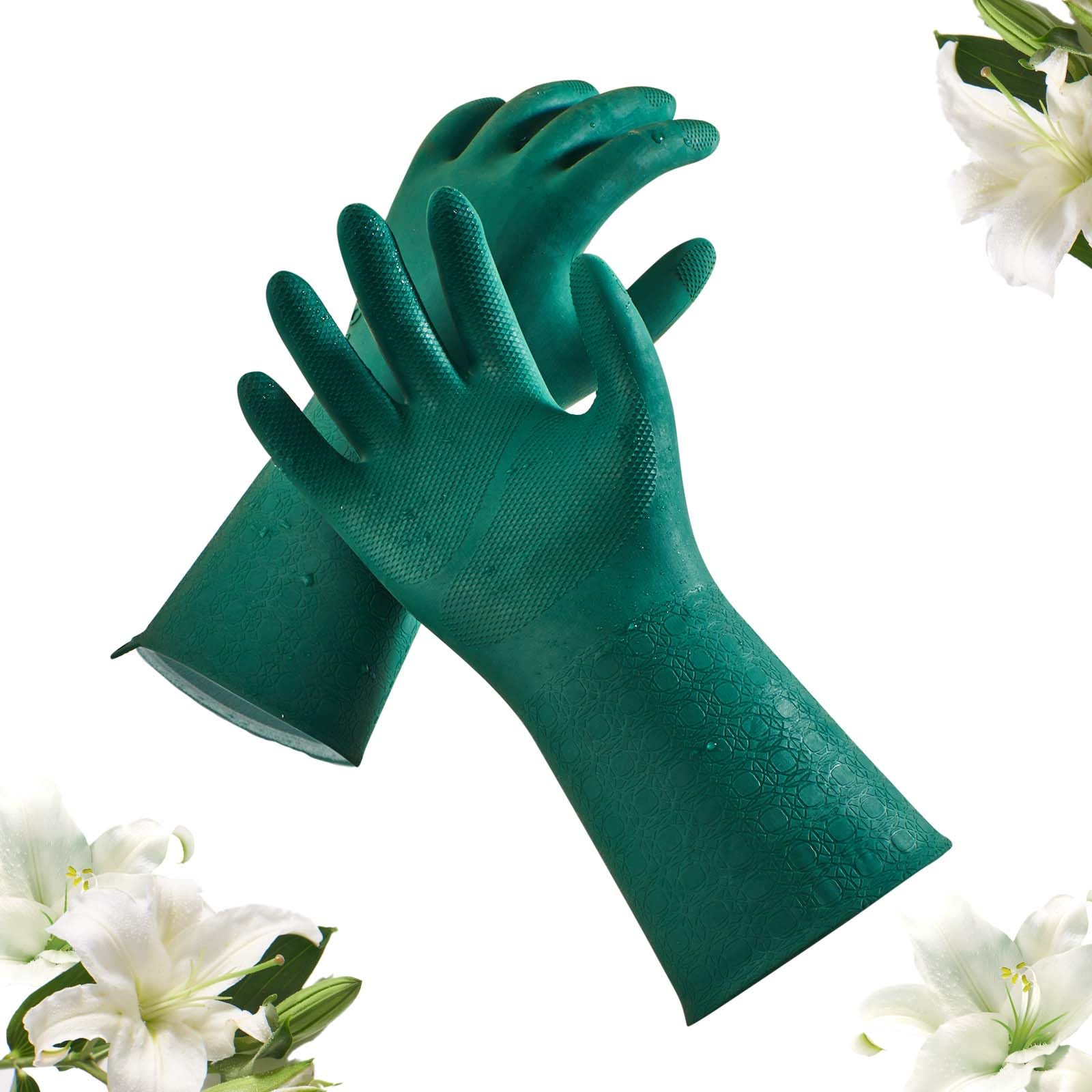 Vgo... Heavy Duty Cleaning Gloves Lined Nylon, Household Gloves Reuseable in TPE Latex Free, Thicker Antislip Washing Up Gloves for Kitchen Bathroom Gardening Painting, with Flower Flavor, 1 pair