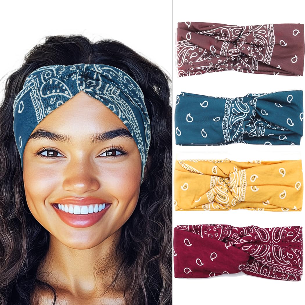 Photo 1 of Urieo Boho Bandanas Headband Knotted Hair Bands Paisley Head Turban Sport Yoga for Women(Pack of 4) (H)