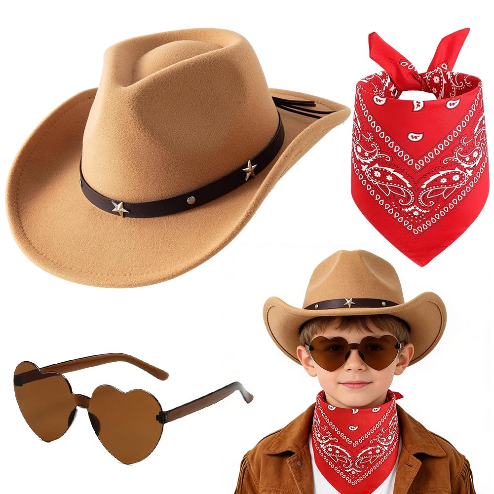 FCXVXCL Kids Cowboy Hat 3 PCS Cowboy Costume for Kids Accessories Children with Brown Hat Scarf Heart Sunglasses for Halloween Christmas World Book Day Fancy Dress Up