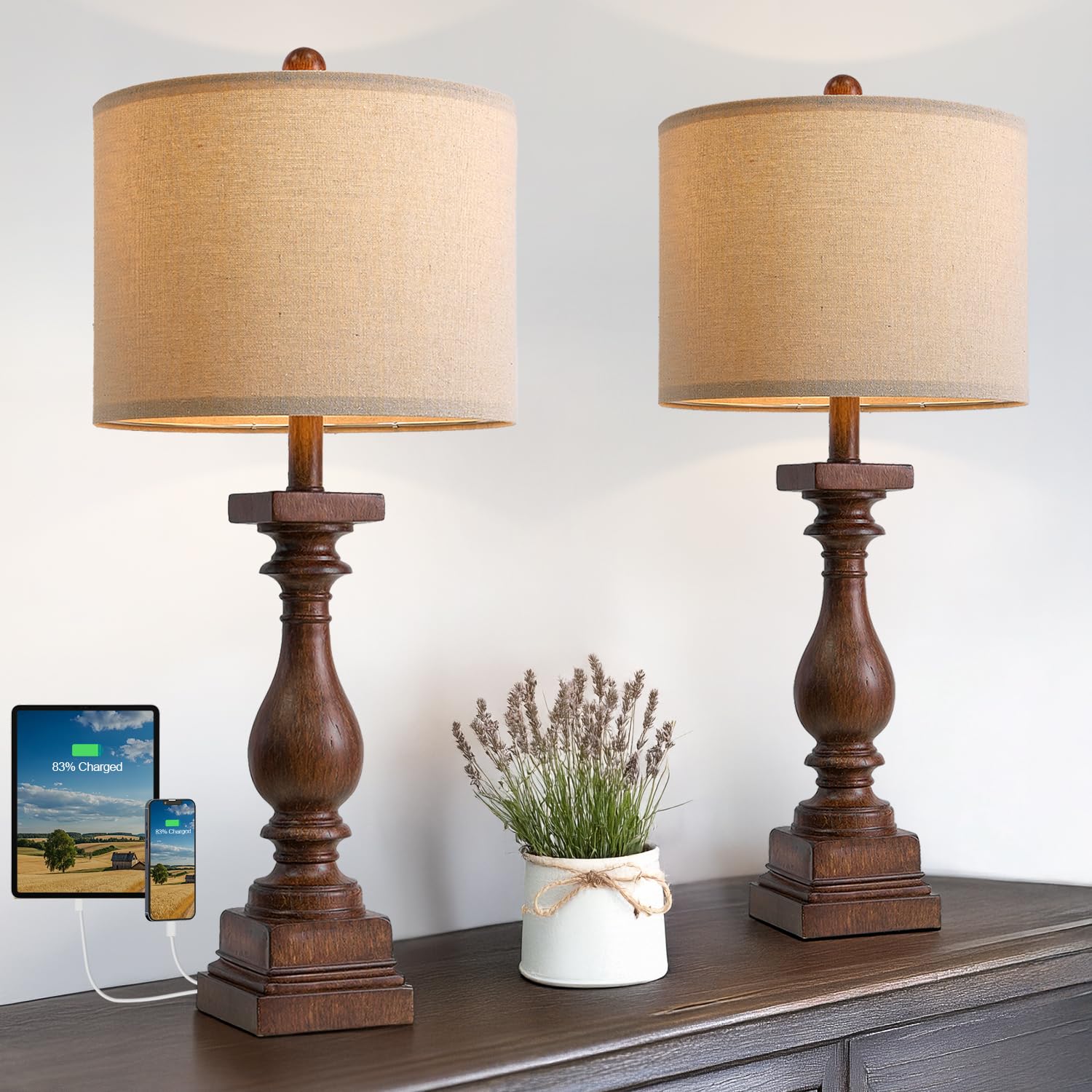Photo 1 of BOBOMOMO 27" Farmhouse Living Room Lamps with USB-A +C Ports, Vintage Rustic Bedside Night Stand Lamps Set of 2, Linen Shade, Retro Side Table Lamps for Living Room, Bedroom, Office, Home Decor