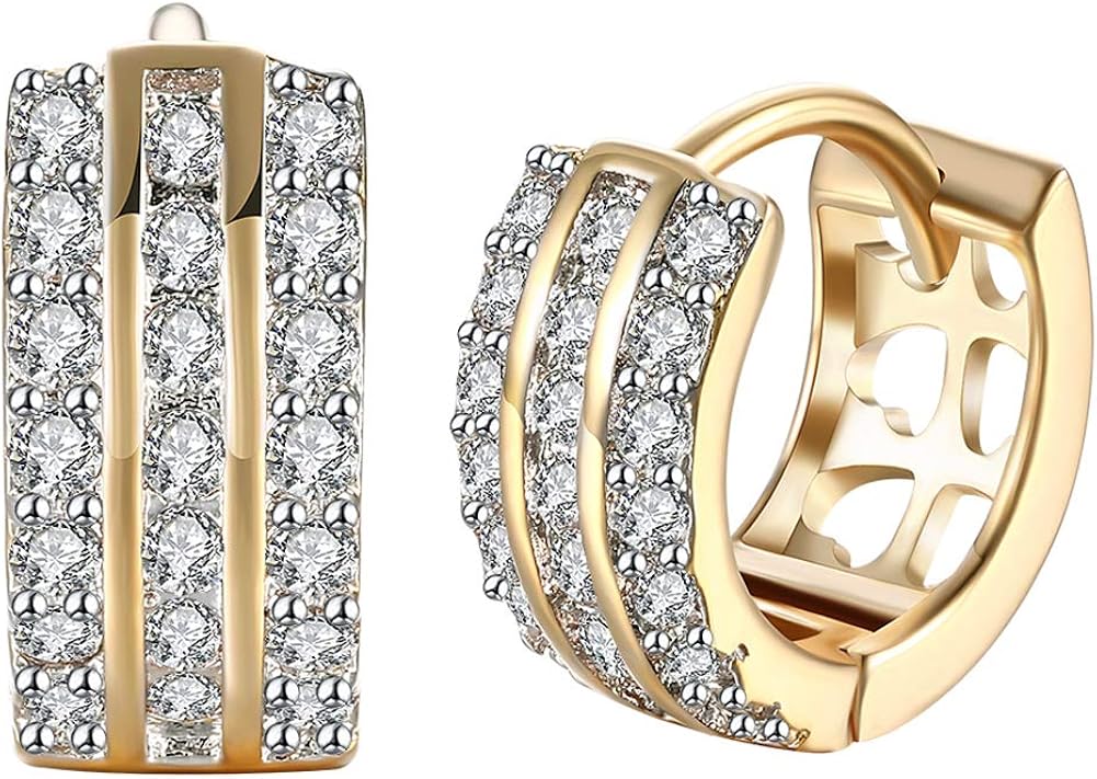 14K Rose Gold Plated Three Row Cubic Zirconia Small Huggie Hoop Earrings Fashion Jewelry for Men Women 0.6"